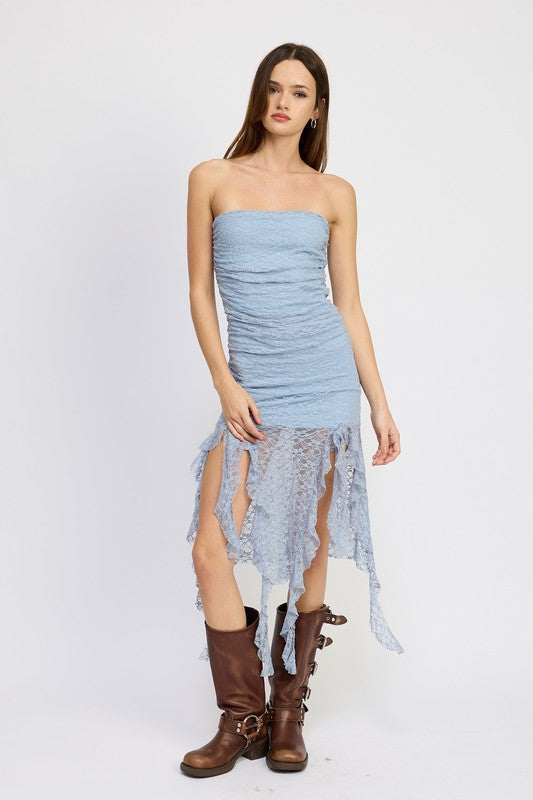 LACE TUBE DRESS WTIH RUFFLE DETAIL